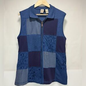 Vintage 90s Koret Blue Textured Patchwork Vest Gingham Plaid Paisley Zip Up